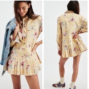 Free People Connor Floral Pleated Mini Dress Yellow Combo NWOT
